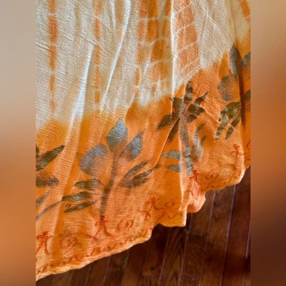 Vintage 90s Hand Painted Embroidered Tie Dye Umbrella Dress Orange Sleeveless - Picture 6 of 8